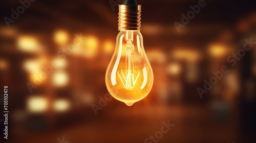 Glowing light bulb illuminates a dark room with a soft, warm light © deafebrisa