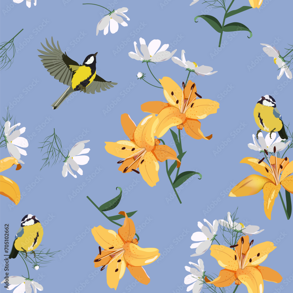 Beautiful yellow lilies and birds on a blue background. Seamless vector illustration.