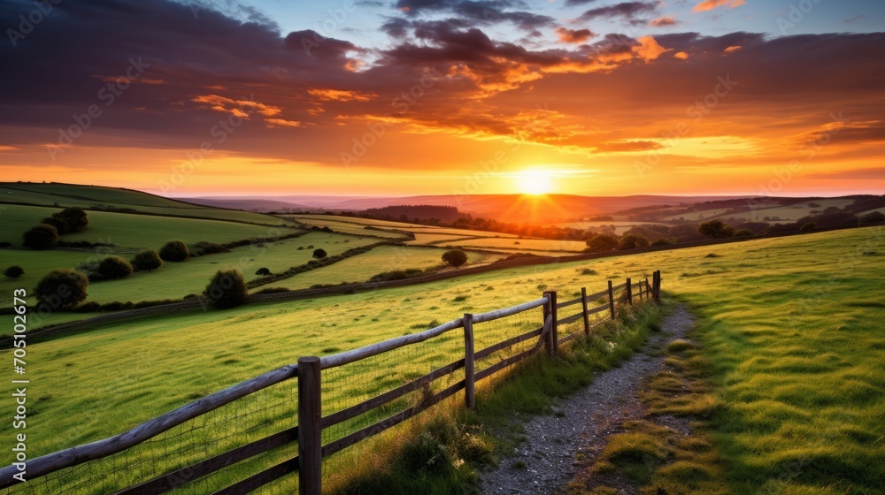 Peaceful countryside scene with rolling hills and a stunning sunset