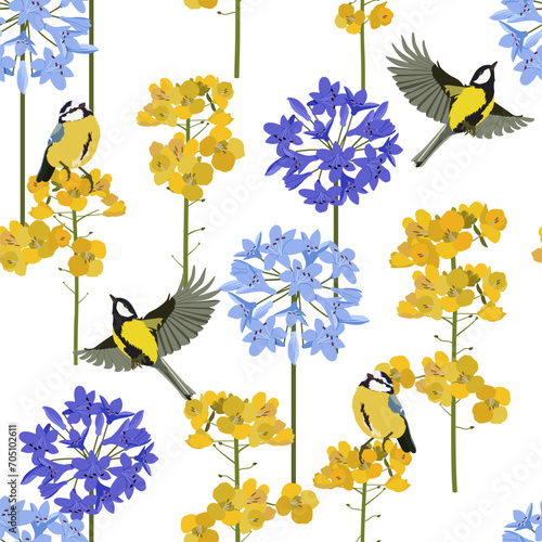 Seamless pattern. Blue agapanthus flower pattern and titmouse on a white background.