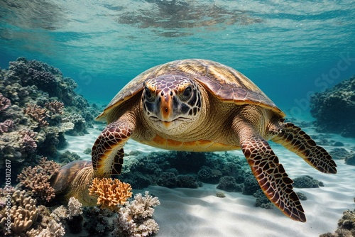  vivid coral reefs brimming with life all around, a magnificent sea turtle glides smoothly across the pristine seas.
