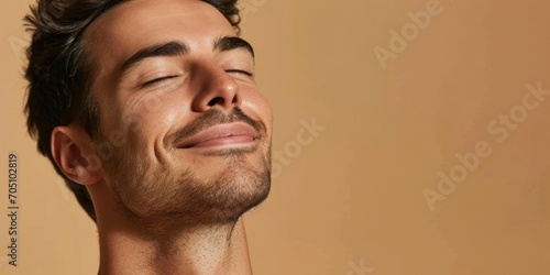 A man with his eyes closed and a smile on his face. Perfect for expressing relaxation and contentment photo