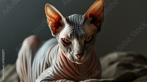 A hairless cat relaxing on a comfortable bed. Perfect for pet lovers and animal-themed projects