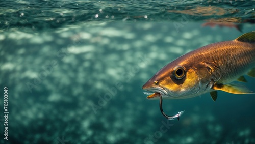 A captivating close-up of a fish hook shimmering in the glistening waters