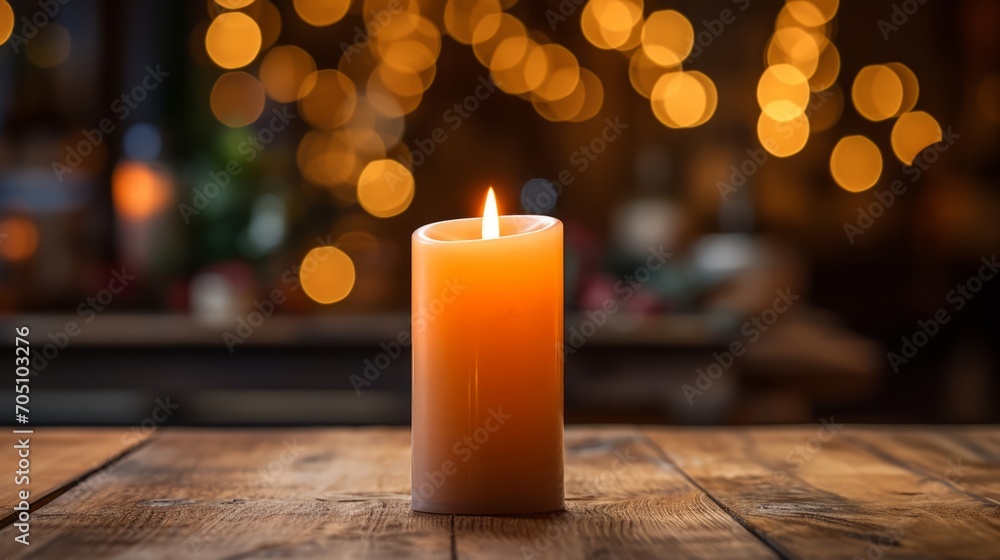 Flickering candle casting a soft glow on a dark, rustic table