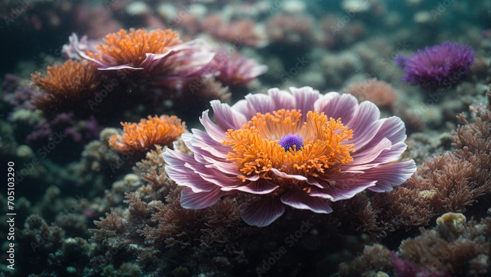 Fototapeta premium A mesmerizing sea anemone, adorned with vibrant hues and delicate patterns, swaying gracefully in the gentle ocean currents