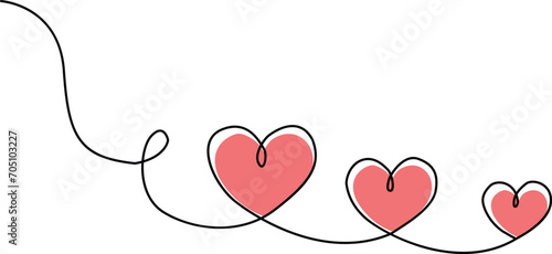 Continuous one line art Hearts of love concept on white illustration