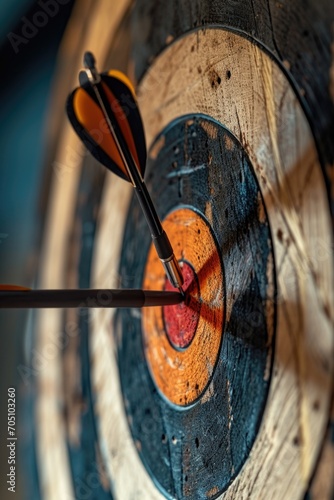 A close up view of an arrow precisely hitting the bulls eye target. Perfect for illustrating accuracy, success, and achieving goals.