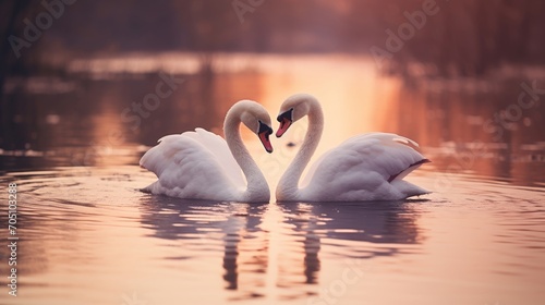 Fototapeta Naklejka Na Ścianę i Meble -  Two swans form a heart shape with their necks on a serene lake