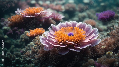 A mesmerizing sea anemone, adorned with vibrant hues and delicate patterns, swaying gracefully in the gentle ocean currents © LIFE LINE