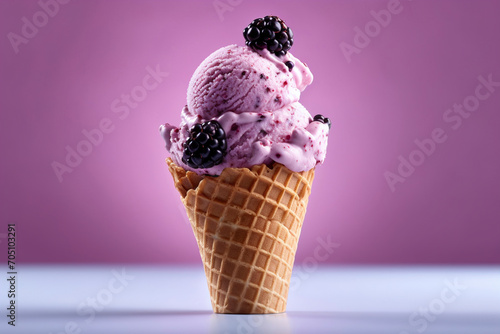 A stunning view of a blackberry cheese cake ice cream cone. (Generative AI)