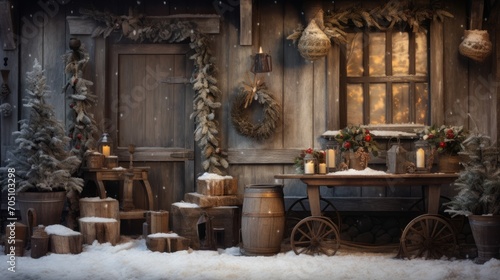 Rustic Christmas winter scene featuring wooden decorations and snow