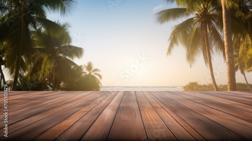 Dark wood floor top on blur tropical beach background  Advertisement  Print media  Illustration  Banner  for website  copy space  for word  template  presentation.