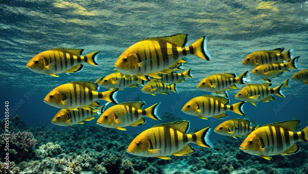 Fototapeta premium With their vivid black and yellow stripes making a striking contrast with the deep blue background, a school of sergeant major fish smoothly glides across the clear waters.