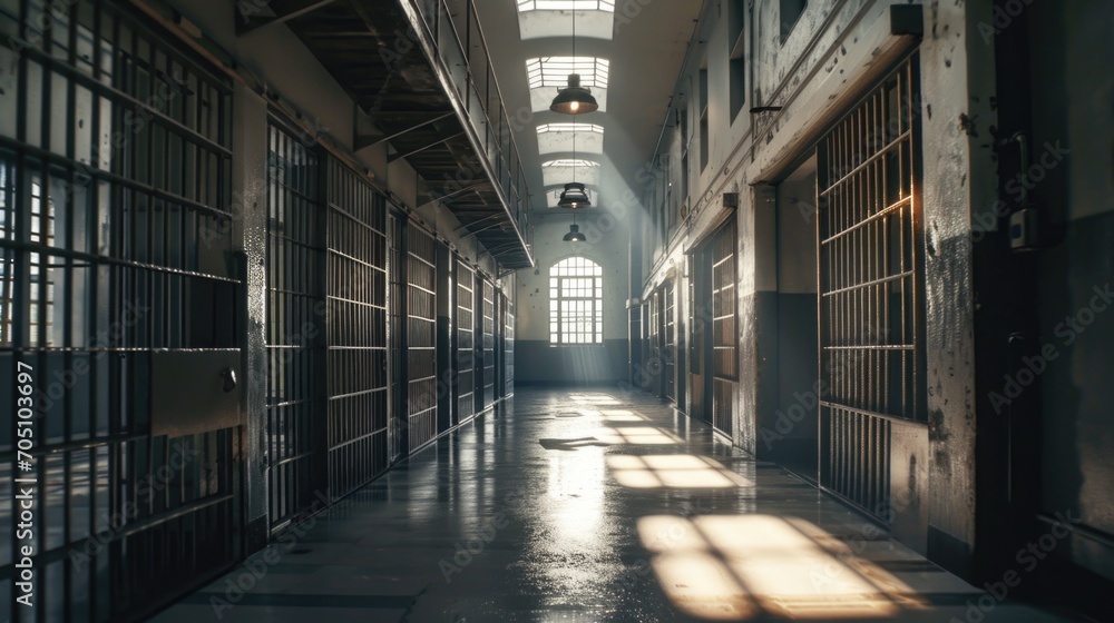 A long hallway inside a jail cell building. Suitable for crime and justice-related projects