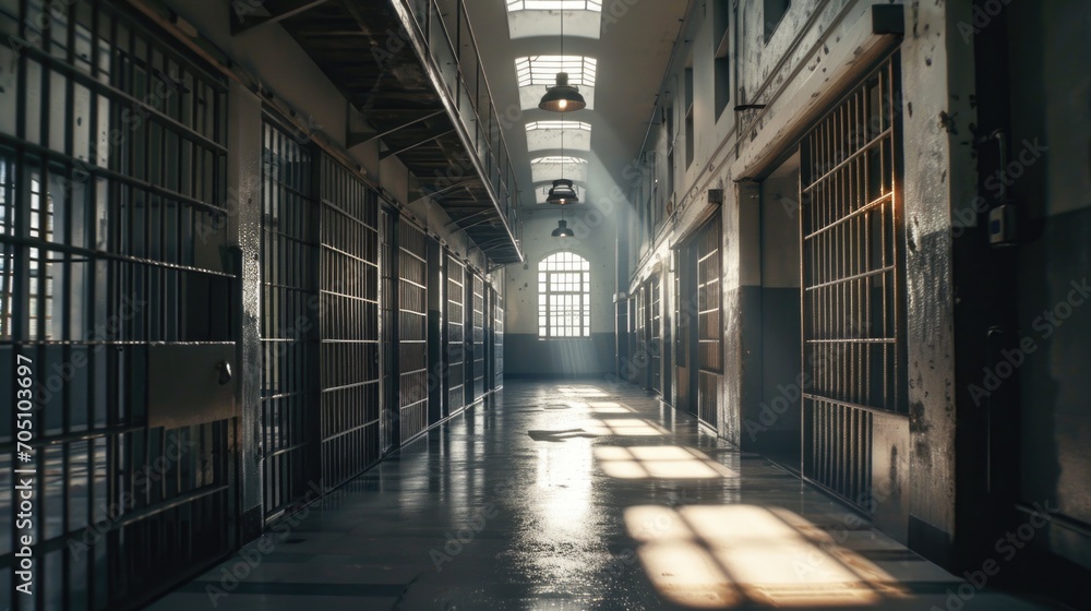 A long hallway inside a jail cell building. Suitable for crime and justice-related projects A long hallway inside a jail cell building. Suitable for crime and justice-related projects