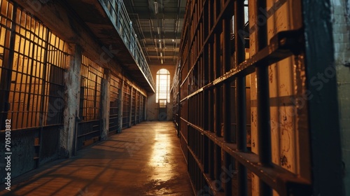 A long hallway inside a jail cell building. This image can be used to depict the interior of a prison or for any concept related to law enforcement and incarceration