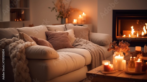 Cozy living room with a plush sofa and warm  ambient lighting