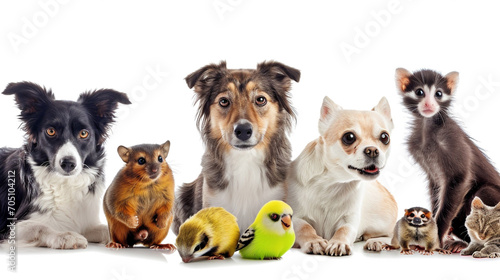 happy cute cat dog bird hamster monkey on white backgorund. Love Your Pets Day. Generative AI
