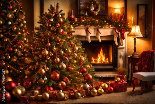 Create a enchanting image of a New Year tree adorned with twinkling Christmas decorations lights  set against the warm glow of a crackling fireplace.  
