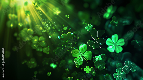 St. Patrick's Day abstract green background decorated with shamrock leaves. Generative AI © Fuji
