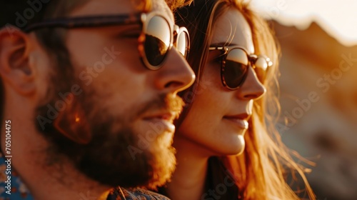 A picture of a man and a woman both wearing sunglasses. Suitable for fashion, summer, or outdoor-themed designs