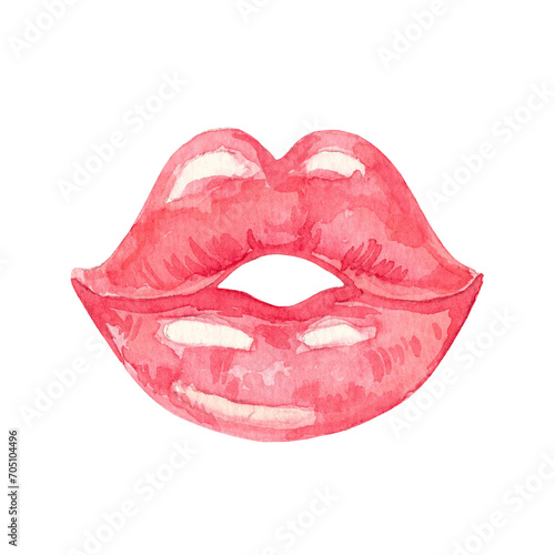 Red lips in watercolor style. Hand drawn illustration isolated on transparent background