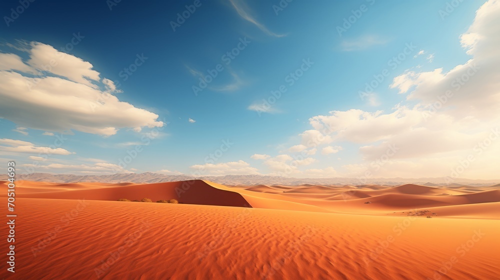 Fototapeta premium The vast expanse of a desert under a blazing sun, with endless dunes rippling into the horizon