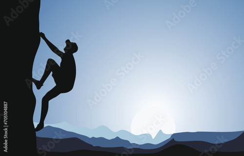 Mountaineer vector silhouette with sunset in the background.