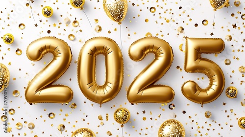 new year concept, 2025, happy new year, golden ballon text effect, celebration background, isolated, generative ai photo