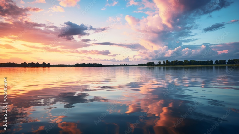 Stunning sunset over a tranquil lake, casting reflections on the water