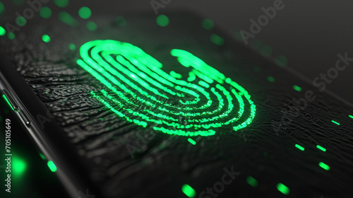 Glowing green neon fingerprint on black phone. Data Protection Day Concept Background. Generative AI photo