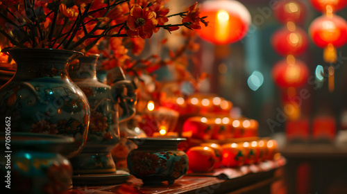Traditional Red Chinese Lanterns Hanging Outdoors with Festive Background