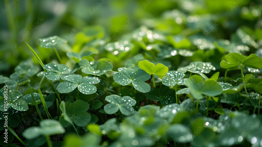 Dew on Clover Leaves in Lush Green Field Dew on Clover Leaves in Lush Green Field