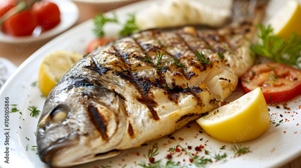 Grilled Dorado Fish on a Plate with Lemon and Tomato Garnish Grilled Dorado Fish on a Plate with Lemon and Tomato Garnish