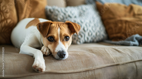 Adorable Jack Russell Terrier Puppy Resting on Couch with Cushions © John