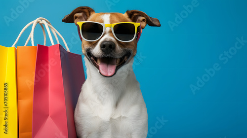 Happy Dog with Sunglasses and Colorful Shopping Bags on Blue Background © John