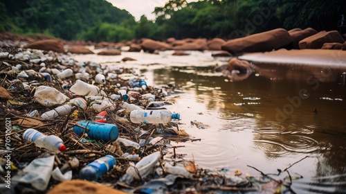 Plastic pollution in a river with wildlife affected