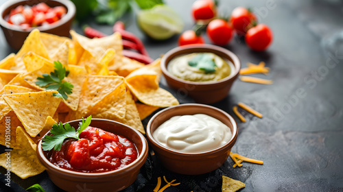 Assorted Nachos with Salsa, Guacamole, Cheese and Sour Cream on Dark Background