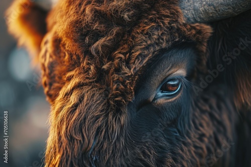 Close-up view of a bison's eye with a blurred background. Suitable for nature and wildlife themes