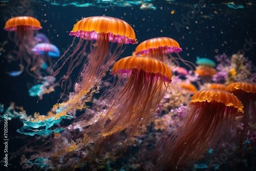 A magnificent jellyfish, its translucent body pulsating with a rainbow of colors, glides across the deep blue sea with ease. 