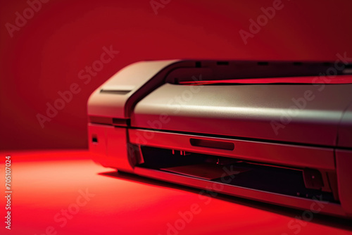 A printer placed on top of a red table. Suitable for office and home office setups