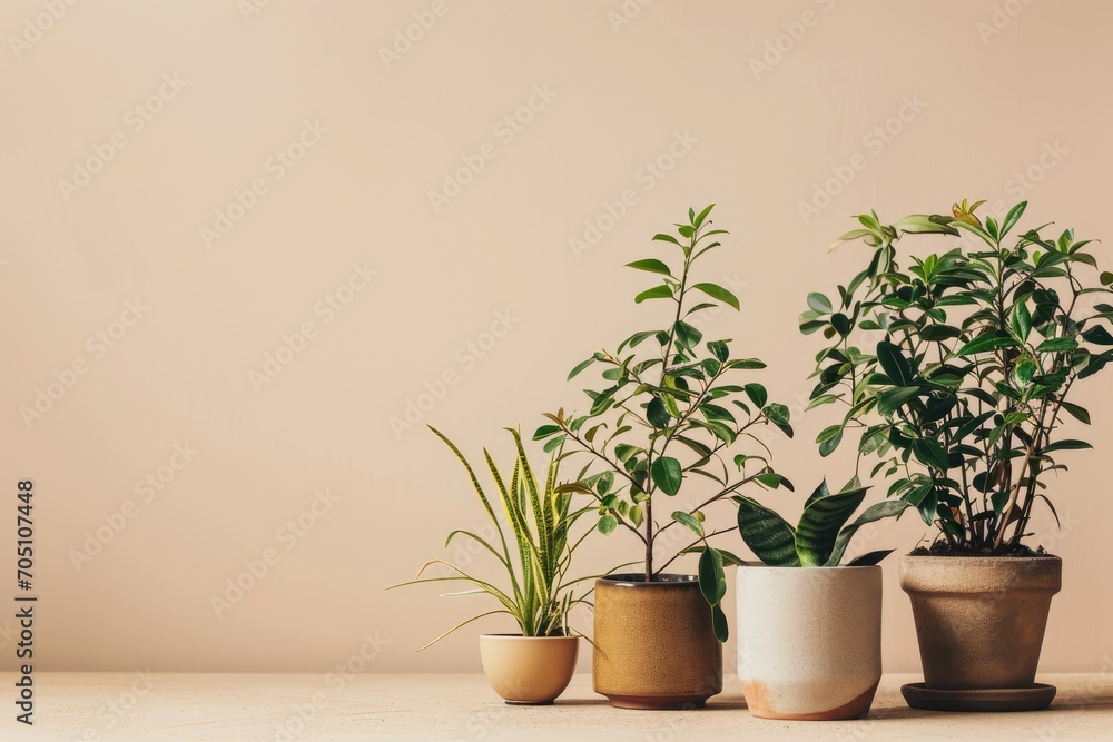Fototapeta premium Four houseplants in different ceramic pots on a beige background, minimalism style, banner with copy space for text
