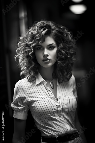 young beautiful woman with curly hair posing in front of the camera,black and white