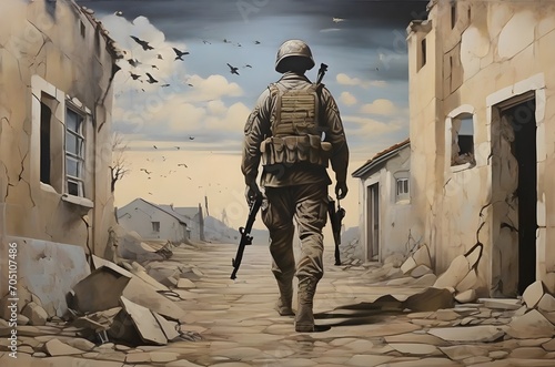 no heroes in war, lonely soldier street wall art  photo