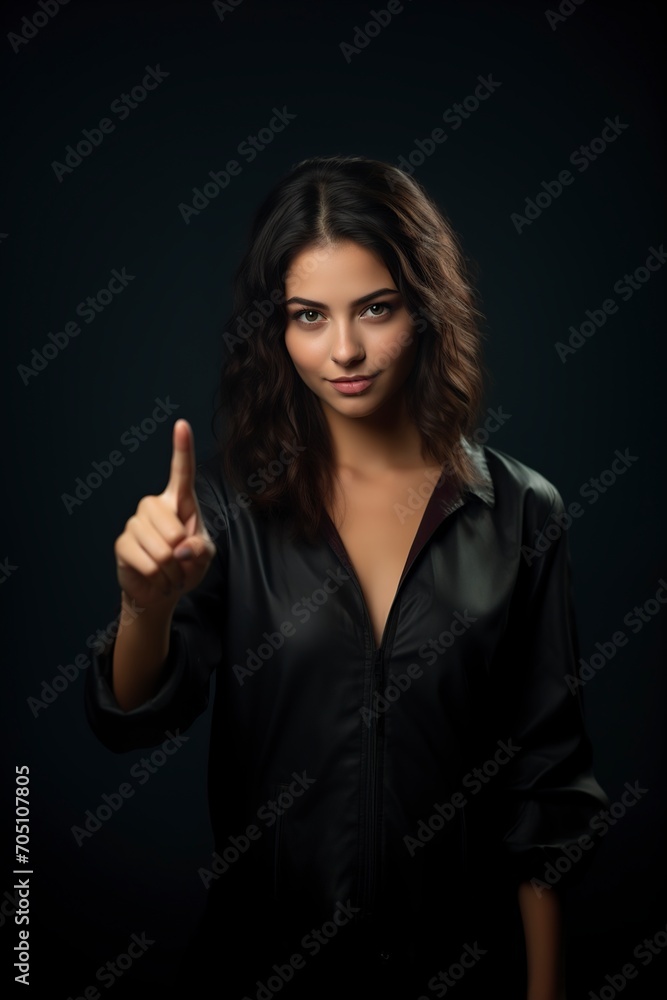 beautiful teenager in front of the camera pointing with her index finger beautiful teenager in front of the camera pointing with her index finger