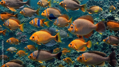 A brilliant assortment of tropical fish swimming elegantly in a clear ocean; each one is distinct in its vivid patterns and minute features.