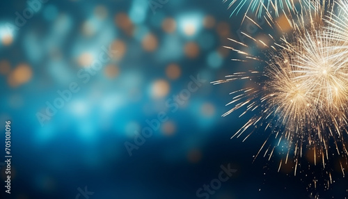 Gold and blue Fireworks and bokeh in New Year eve and copy space. Abstract background holiday photo