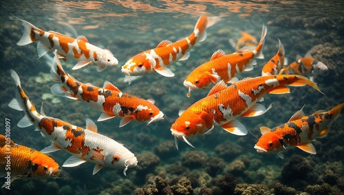 : A vibrant school of koi fish gliding through crystal clear waters, their scales shimmering in the sunlight