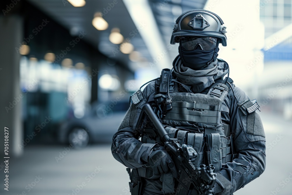 A special officer standing in full grey tactical gear bala